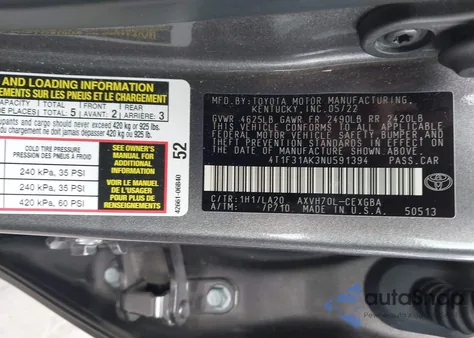 2022 Toyota Camry Xle Hybrid z USA, uszkodzony, nr VIN 4T1F31AK3NU591394